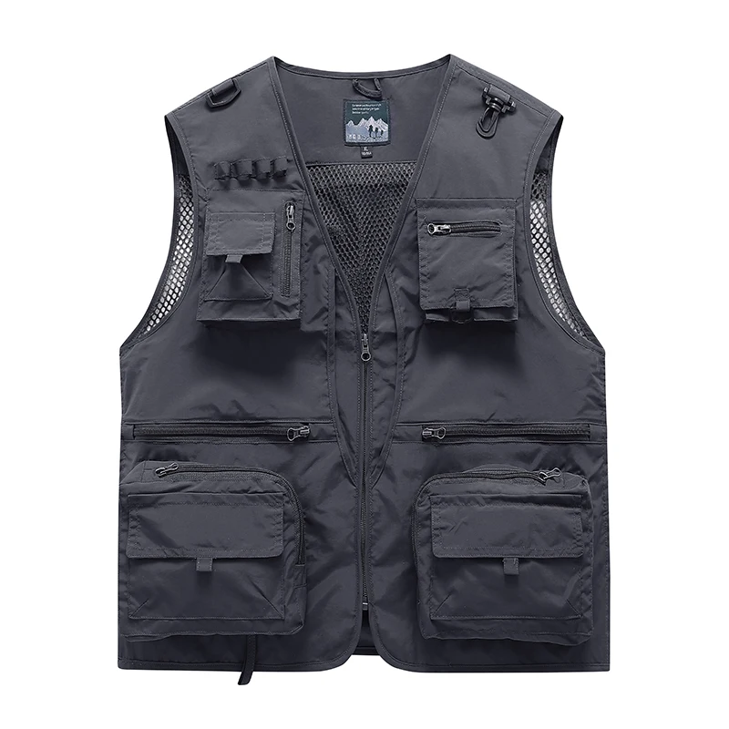 Neue, leichte Sommerweste aus atmungsaktivem Netzstoff, die schnell trocknet, für Herren, mit mehreren Taschen, als Angelweste oder Freizeitweste geeignet, mit ausgeschnittenen, übergroßen Schulterpartien. – Detail 5