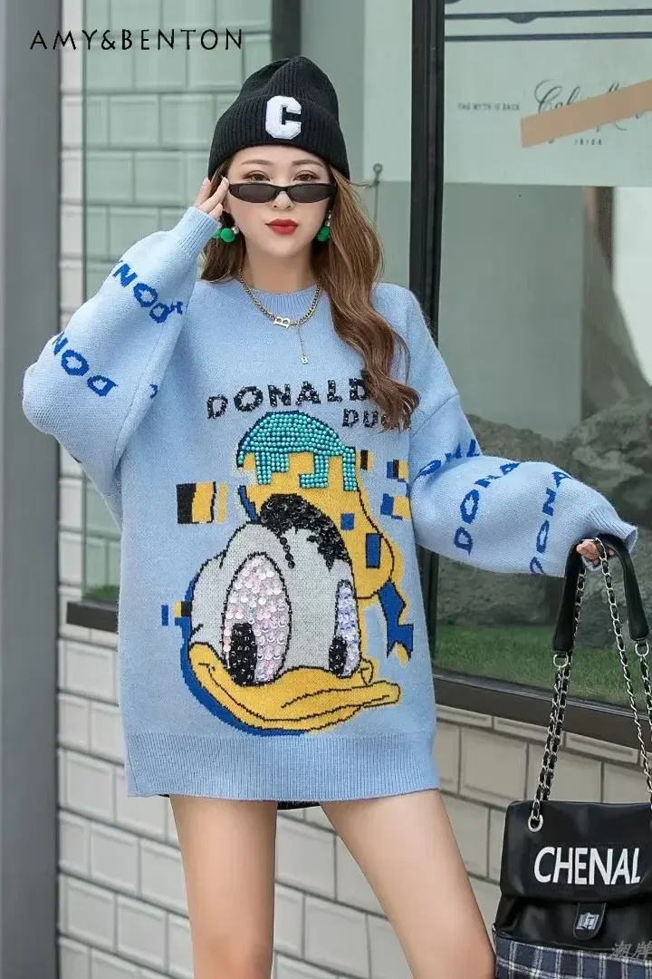 Fashion New High Brand Heavy Industry Cartoon Sequins Beaded Sweater Women\'s Loose Outer Wear Pink Sweaters Pullovers Top Ladies