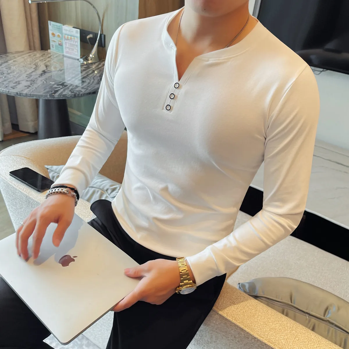 Autumn Winter Men's Long Sleeved T-shirt V-neck Slim Fit Casual Tshirt Versatile Business Social Elastic Base Shirt Men Clothing