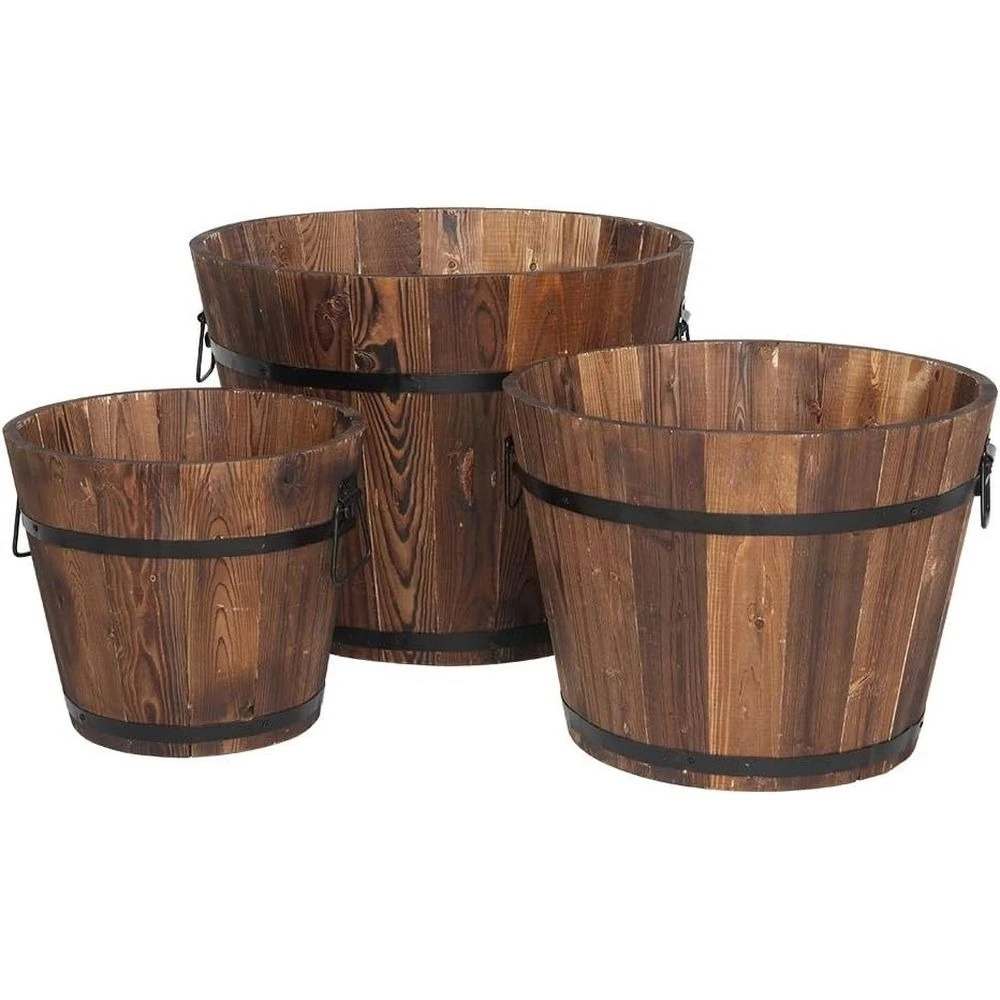 

3-Piece Large Wooden Planter Barrel Set, 11.5-18 Diameter, Real Wood Indoor/Outdoor Pots with Drainage Holes