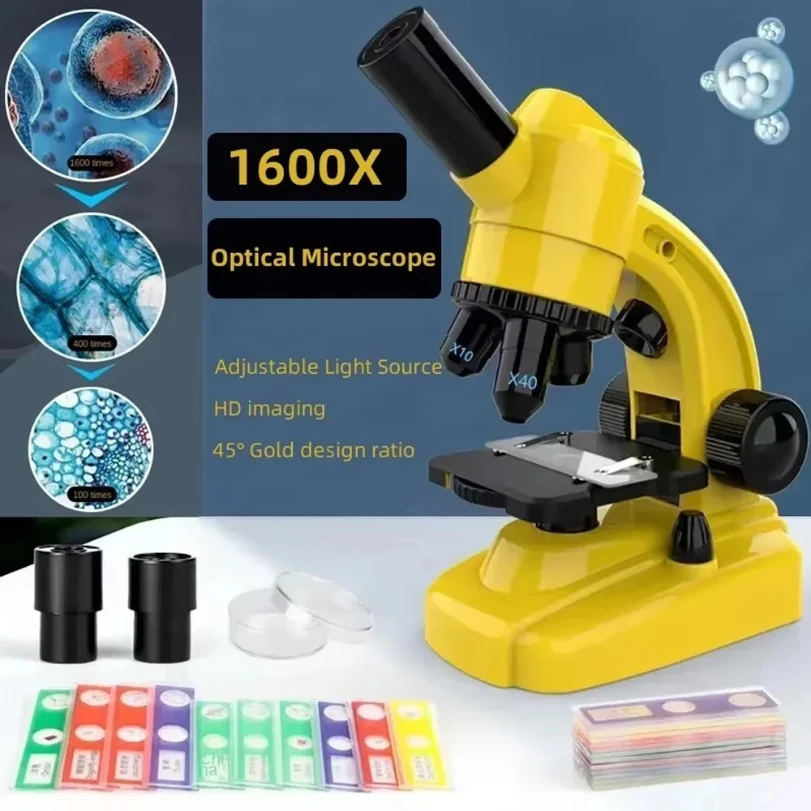 1600X HD กล้องจุลทรรศน์แสงของเล่นชีววิทยาเด็กวิทยาศาสตร์กําลังขยายสูงกล้องจุลทรรศน์มืออาชีพสําหรับนักเรียนการสอนของขวัญ