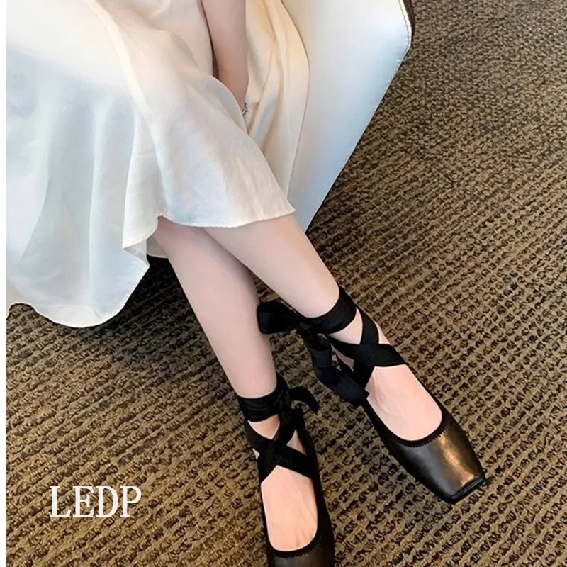 LEDP Female Mary Jane Retro Lace Match Color 2024 Summer Trend New Square Head Ballet Flats Light and Comfortable Everything
