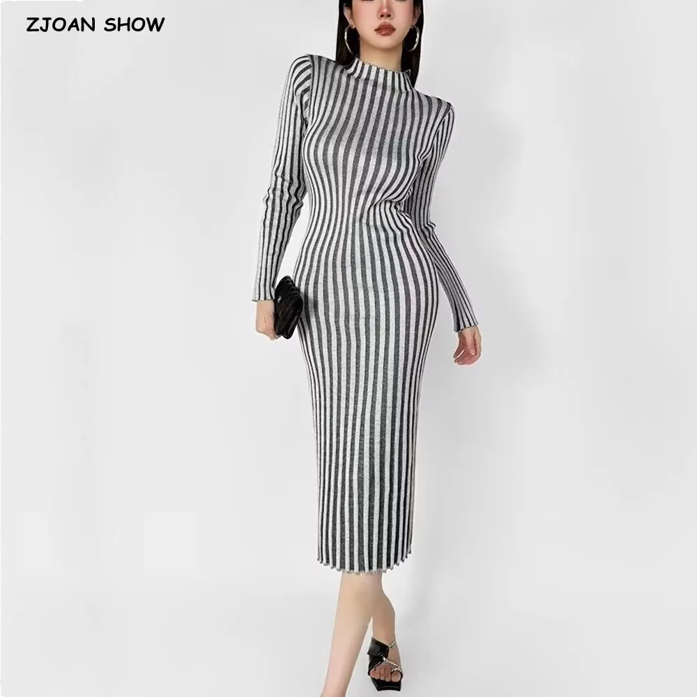 3 colors Sexy Contrast Color Striped Rib Knitted Full Sleeve Sweater Dress Women Stand Collar Skinny Slim Knee Length Robe