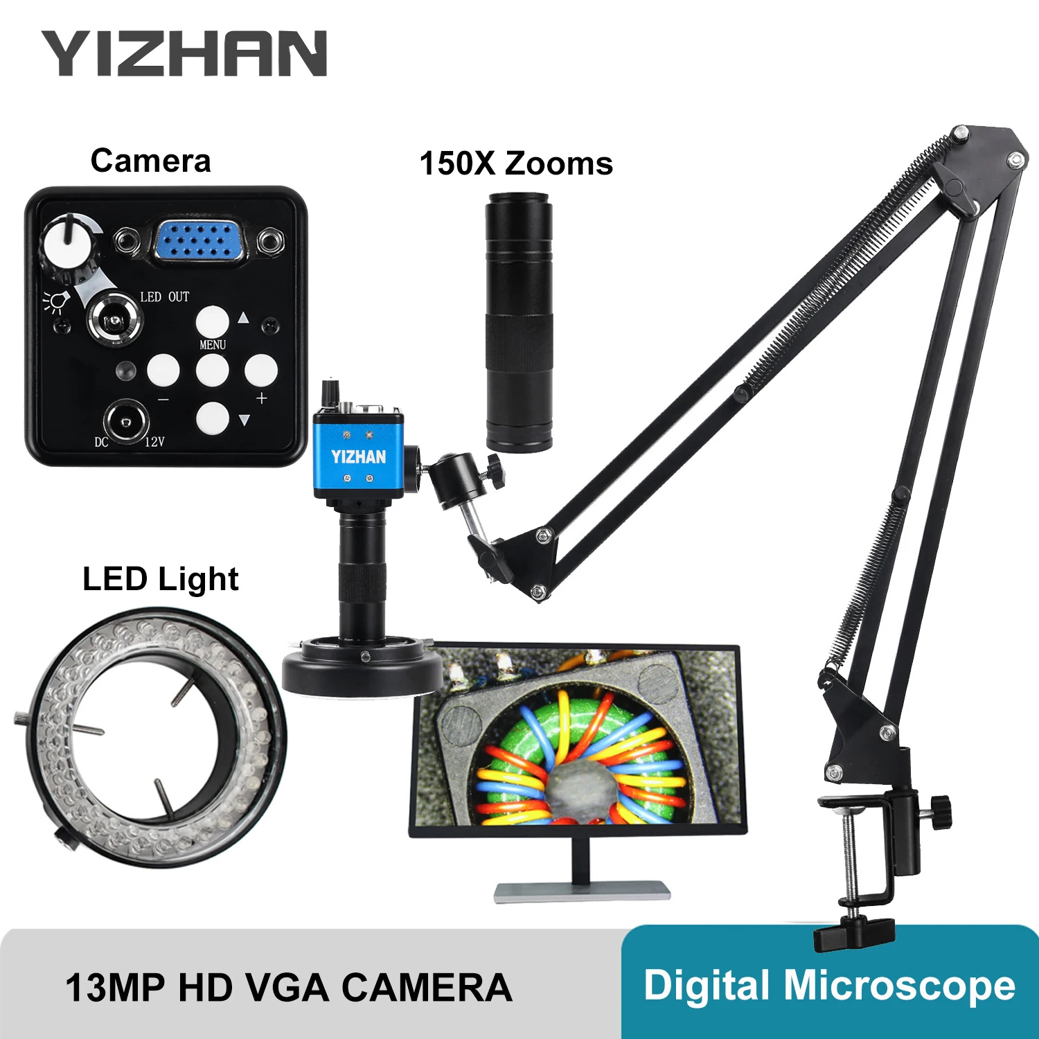 Zoom 150x Câmera Full hd Microscópio Industrial Porta Hdmi Vga Braço de Metal Ajustável Suporte para Solda Pcb Reparo do Telefone