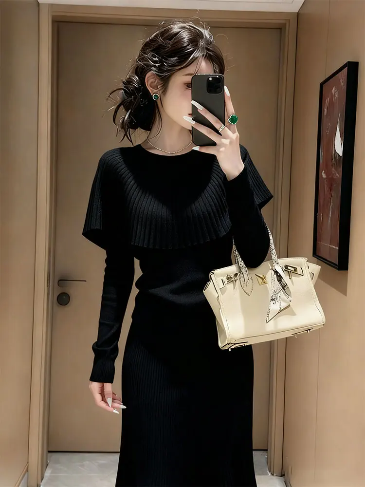 

Черный вязаный комплект из топа с воротником-хомутом и юбки-миди, осенний, элегантный, повседневный стиль, с длинными рукавами, круглый вырез, комплект из двух предметов