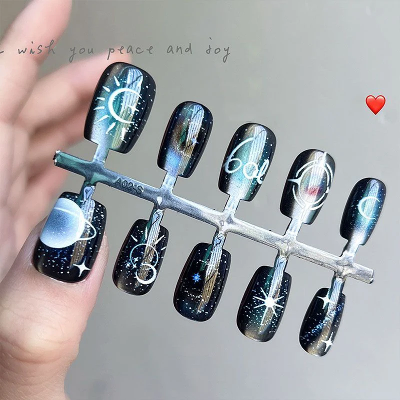 

10 шт. короткие черные накладные ногти в стиле панк для женщин, звездная серебряная звезда, луна, планета, градиент, блестящий дизайн, накладные ногти
