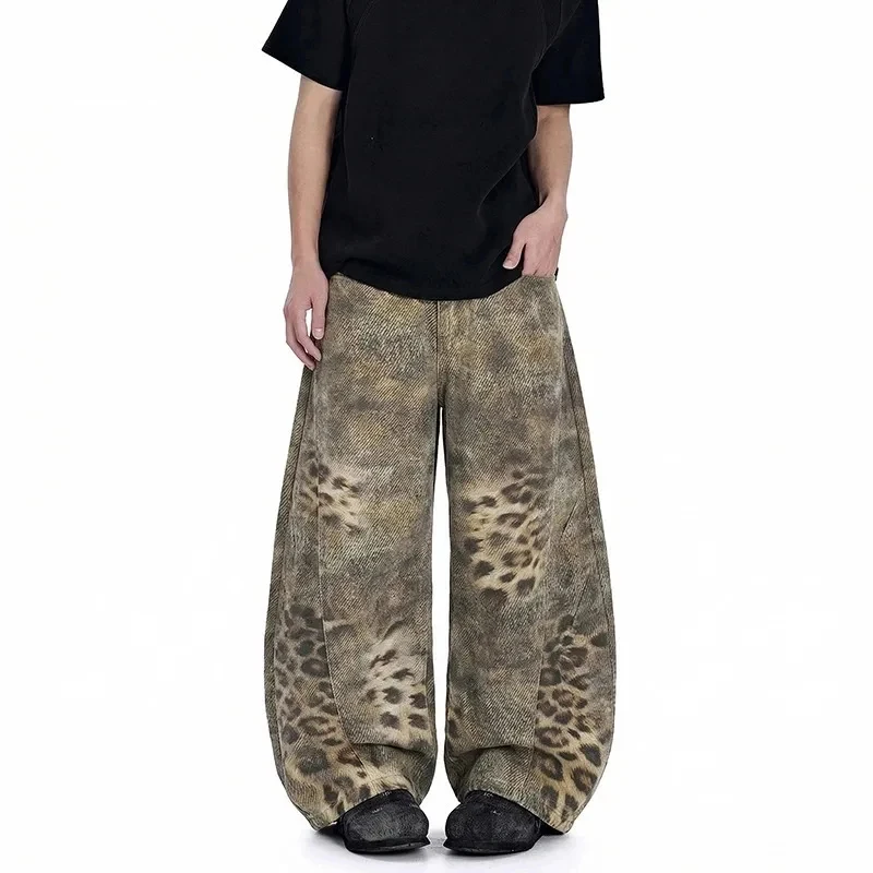 Avant-Garde Men's Jeans Leopard Print Gradient Oversized Wide Leg Fit High Street Loose Casual Denim Long Pants