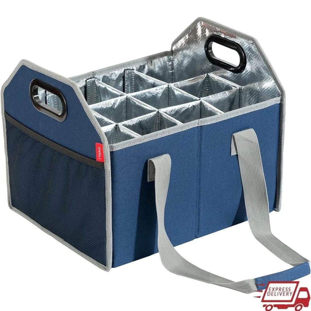 

Collapsible 12 Bottle Wine Carrier Tote Bag Sturdy Storage Box Moving Vacations Events Picnics Grocery Shopping