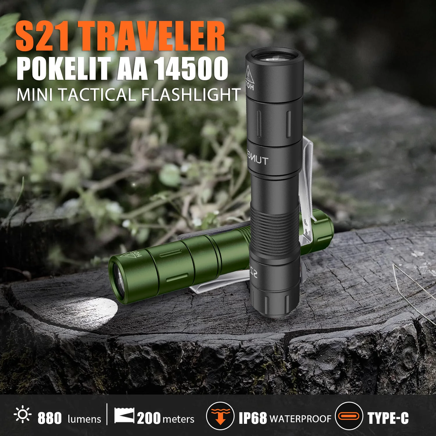 

S21 Traveler Pokelit AA Rechargeable Mini Flashlight with Magnetic Tail 880LM IP68 Waterproof Torch for Camping Hiking Emergency