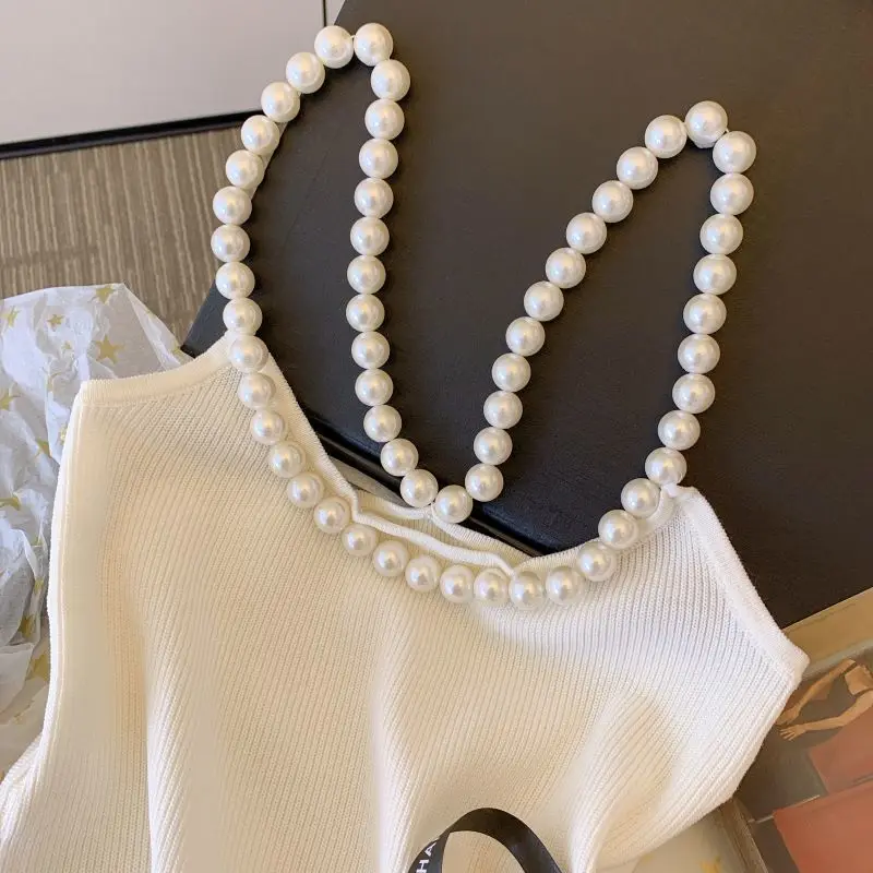 White Pearl Beaded Halter Vests For Women Slim Knit Crop Tops 2023 Summer Sleeveless Sexy Elegant Streetwear Fashion Knitwear