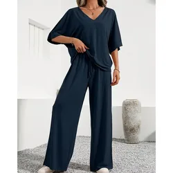 2024 Set estivo a due pezzi per donna Set di pantaloni lunghi con scollo a V manica a pipistrello pantaloni larghi casuali a gamba larga Set da 2 pezzi completi in tinta unita