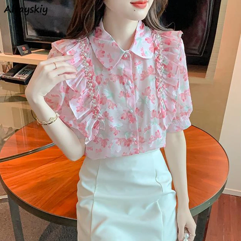 

Floral Puff Sleeve Shirts Women French Style Sweet Summer Turn-down Collar Ruffles Tender Girlish Elegant Female Fashion Ins New