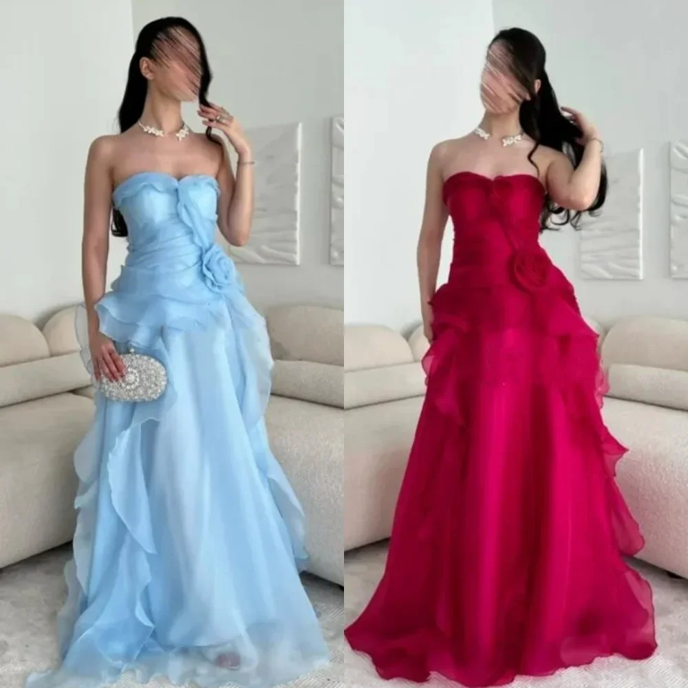 

Индивидуальное сексуальное вечернее платье из органзы с плиссировкой и драпировкой, ручной работы, с цветочным декором, А-силуэт, без бретелек, длинное, для выпускного вечера, высокое качество