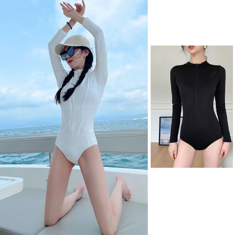 Women UPF50+ Long Sleeve Water Sports Beach Surfing SwimWear One Piece Front Zipper Athletic Quick-Drying Bathing SwimSuit