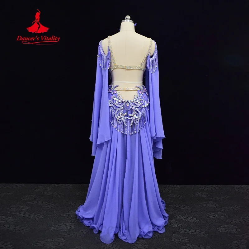 BellyDance Set Custom Luxury Rhinestone Tassel Bra+Senior AB Stones Chiffon Long Skirt 2pcs Oriental Dance Performance Costumes