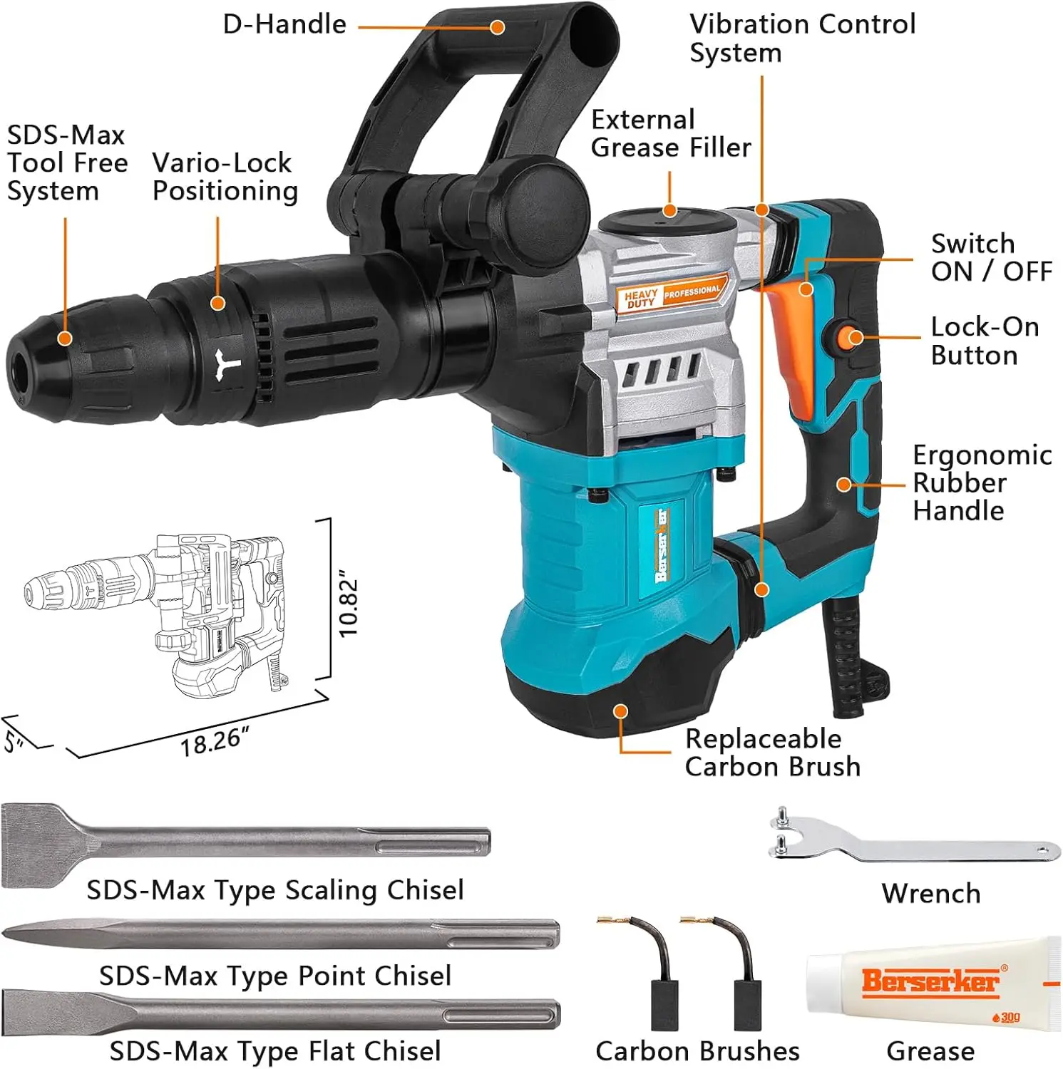 Berserker 1300W 16-Pound Sds-Max Demolition Jack Hammer, 1-9/16