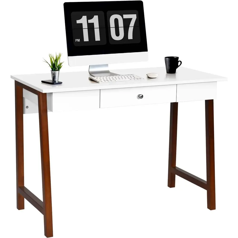 

Письменный стол 42 Storage Desk с ножками из массива дерева, нескользящими накладками, многофункциональный стол для письма и макияжа, цвета кофе и белый.