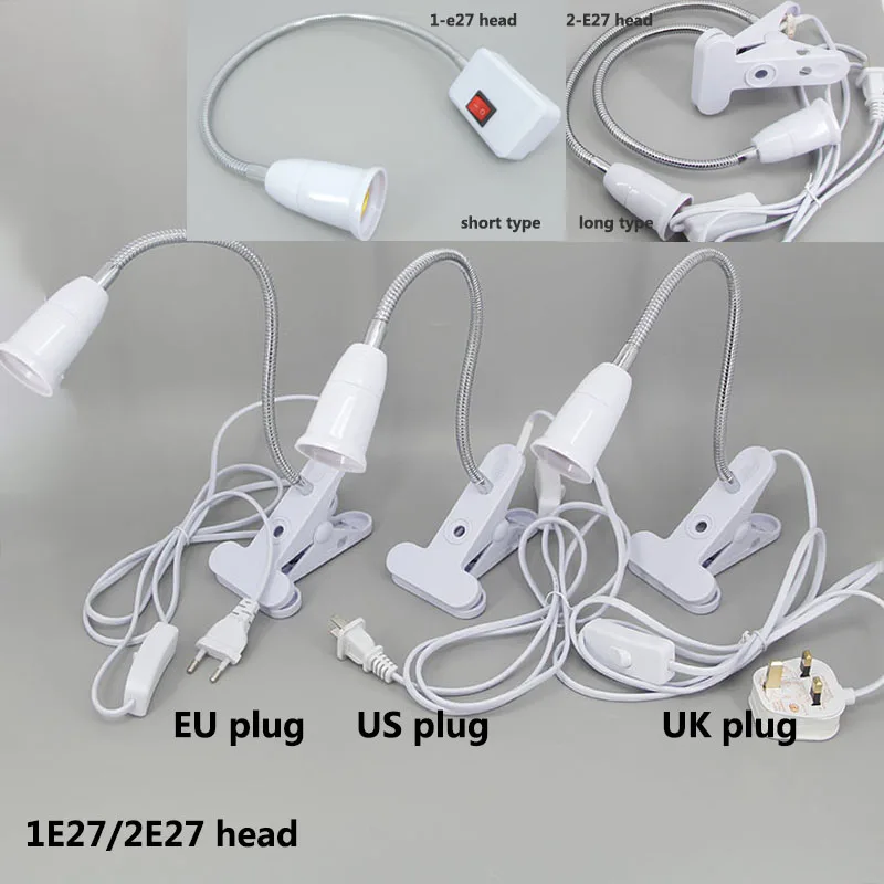 1 2 head E27 light bulb Lamp AC power supply base Flexible holder EU US uk Plug socket desk Clip for tablet night grow light q1