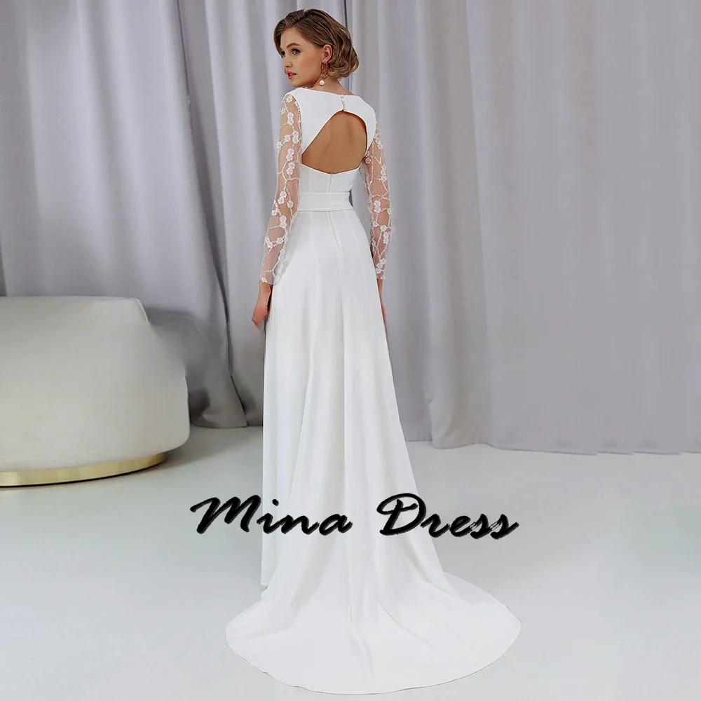 Mina Customized Backless Elegant Party Dresses 2024 for Wedding Dresses for Formal Occasions Belt High Slit Long Sleeves Evening