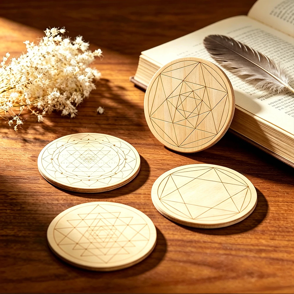 10cm Natural Wood Finish Geometric Pattern Wooden Coaster Laser Engraved Hexagram Patterned Crystal Base Desk Heat Resistant Mat
