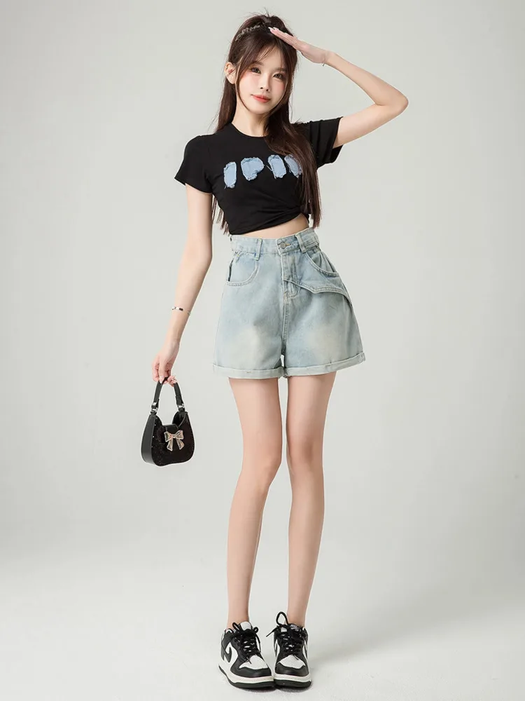 Elegant And Trendy Brand Rolled Edge Denim Women\'s Summer New Hot Selling Fashion Versatile Casual Shorts Trendy New Style