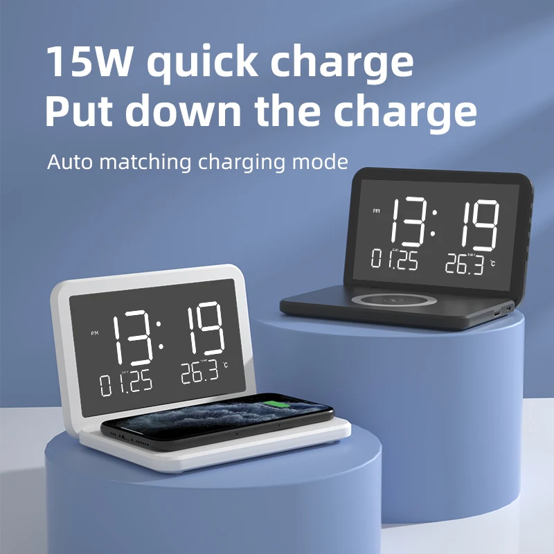 Electronic Calendar With 15W Phone Wireless Charger For iPhone Samsung Wireless Charging Alarm Clock Thermometer Dock Station