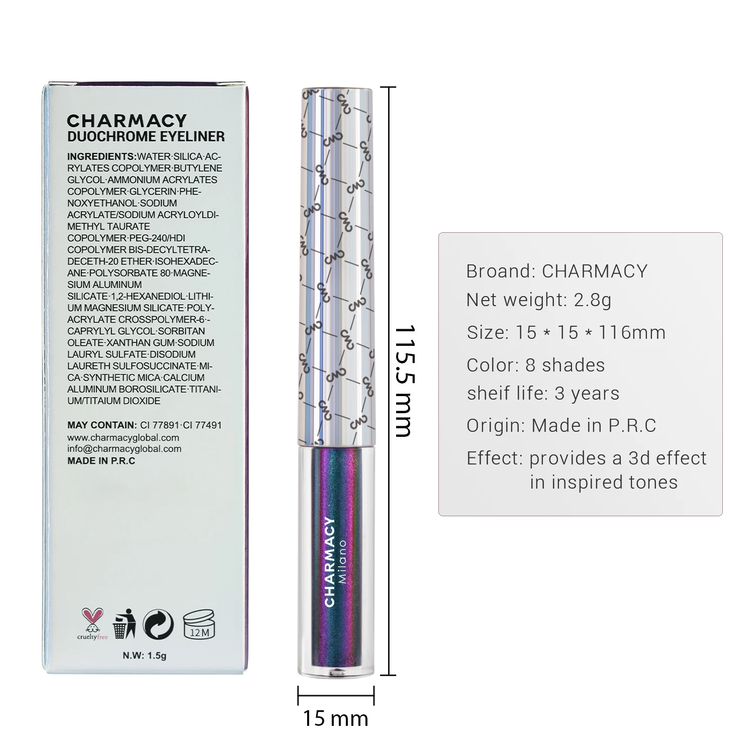 CHARMACY Duochrome Eyeliner Liquid Waterproof Long-stay Eye Liner Ultra-Fine Tip Eyeliner High Pigment Glitter Eye Makeup