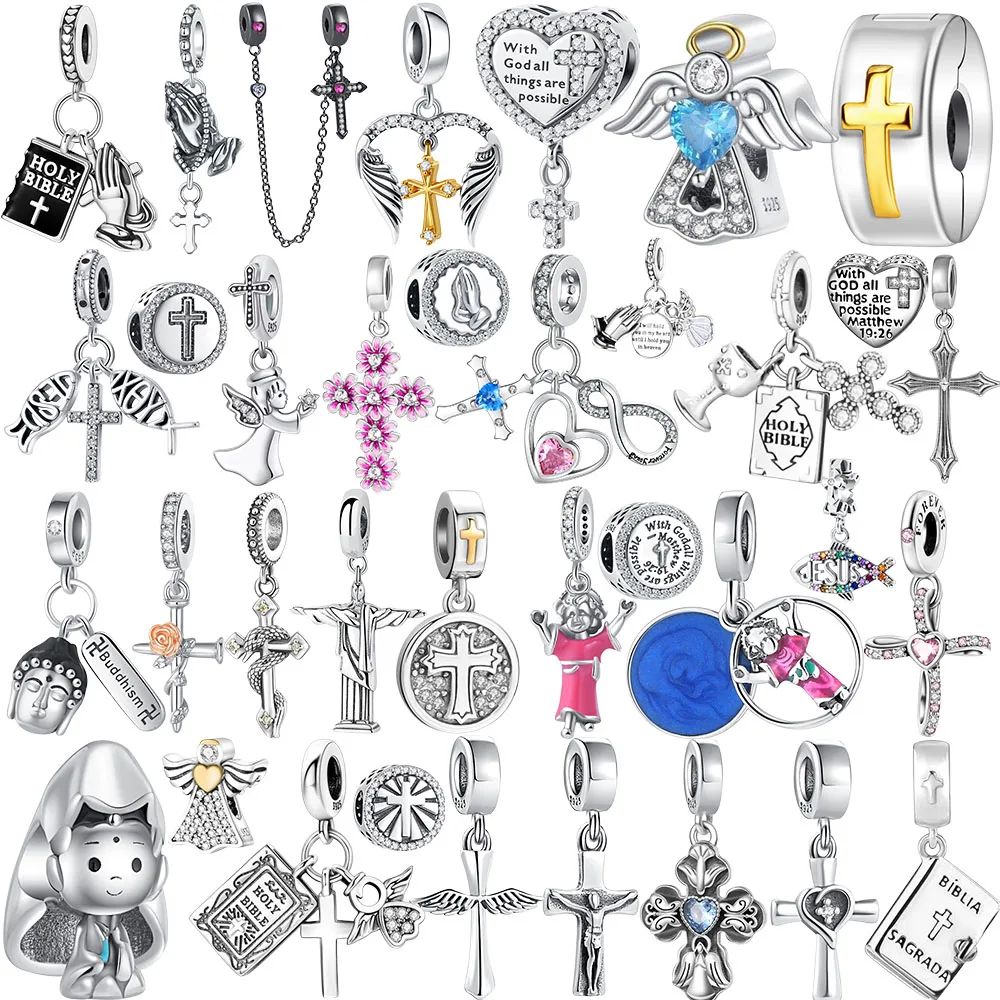 Nuevo Cruz de plata 925 fe con Dios, todas las cosas están posibles, dijes de cuentas, colgante, pulsera fina, fabricación de joyas DIY para mujeres