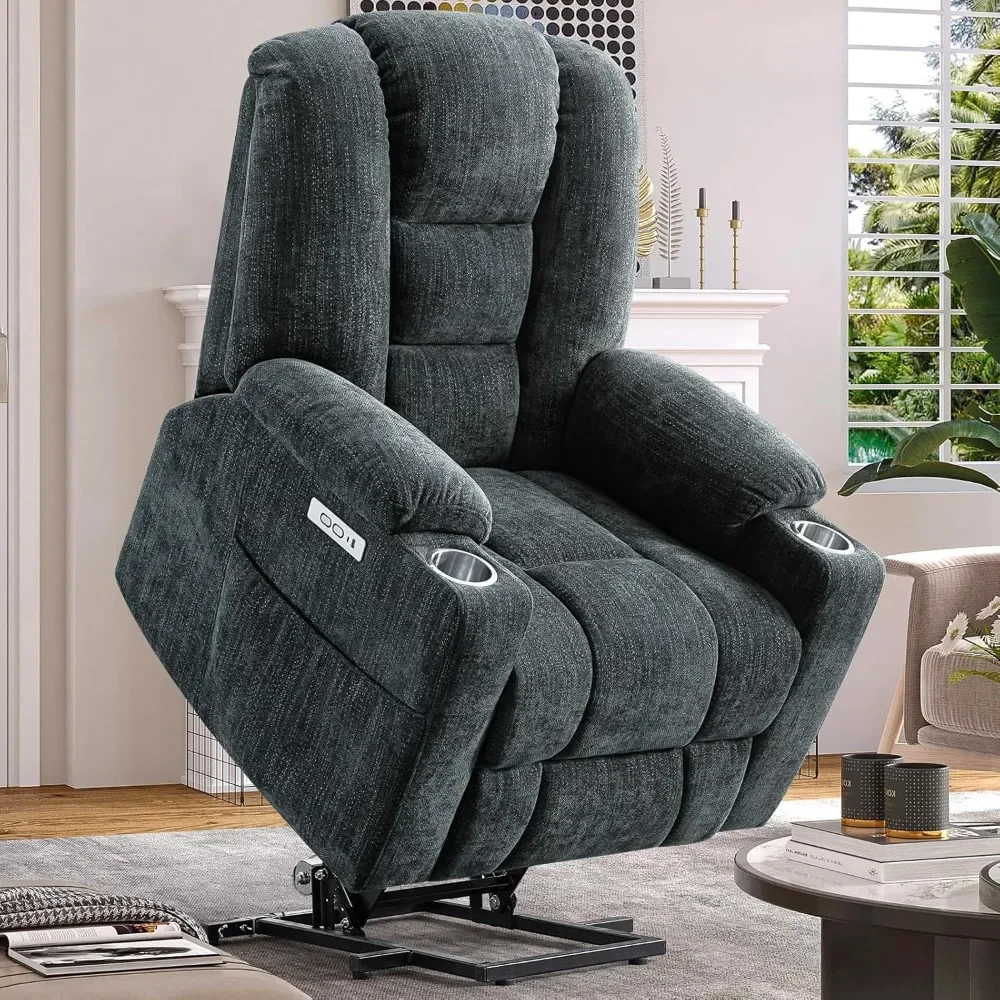 Power Lift Recliner Chair with Heated and Massage, Upgraded Chenille Fabric Lift Chairs w/2 Side Pockets & 2 Metal Cup Holders