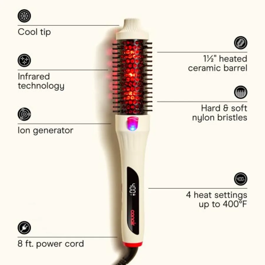 InfinitiPRO Infrared Thermal Brush for dry-hair styling, ceramic-coated 1.5 barrel, black, infrared heat for fast, gentle dryin