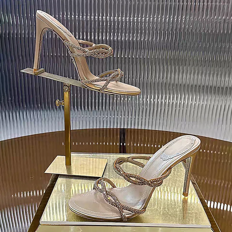 Summer New Round Head Rhinestone Fried Dough Twists Ribbon Bow Fashion Slippers Banquet Dress Thin Heel High Heel Sandals