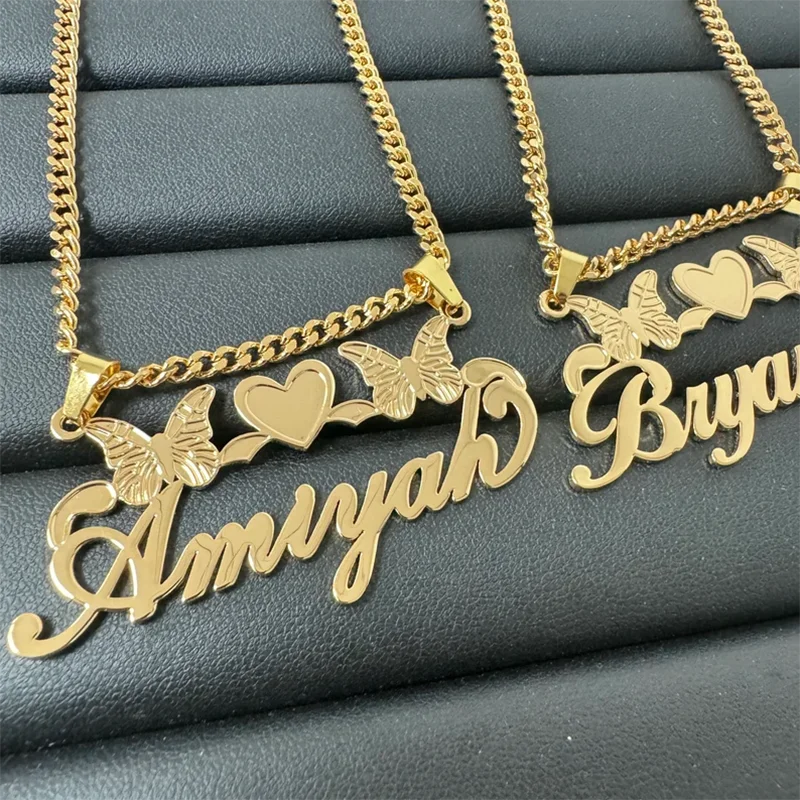 Dhqh novo atacado nome personalizado borboleta colar carta personalizada placa de identificação borboleta em forma de coração colar presente