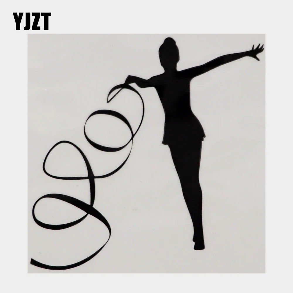 YJZT 13.8CM×13.2CM Ribbon Rhythmic Gymnastics Girl Decal Car Sticker Black/Silver 8A-1367