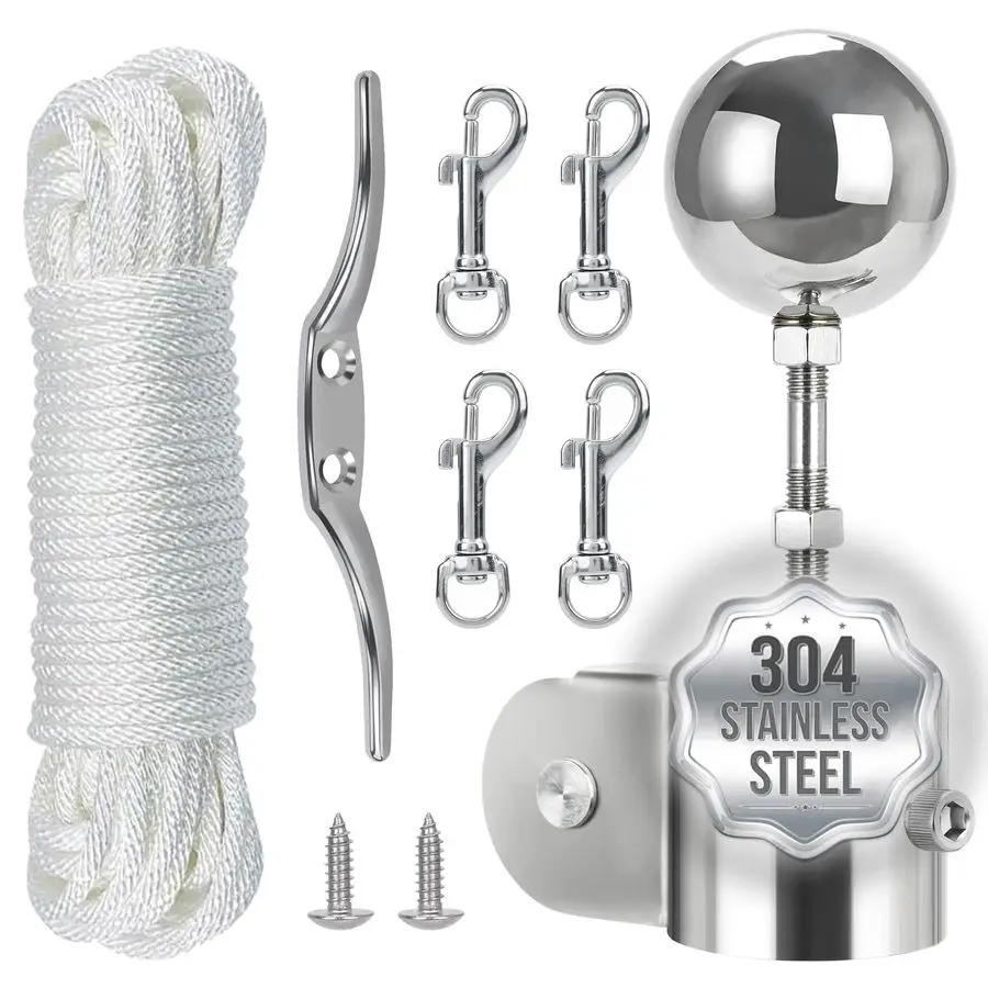 

Комплект для ремонта флагштоков с шаровым наконечником для флагштоков 1.62 дюйма, фурнитура из нержавеющей стали 304 с колпаком для флагштока, замена 50-футового швартовного троса