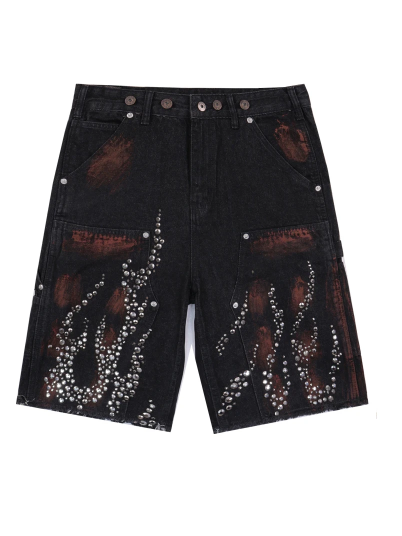 กางเกงยีนส์ทรงตรงประดับเพชร สไตล์อเมริกันเทรนดี้แบรนด์ Ins ประดับคริสตัล สไตล์ลำลองย้อนยุค