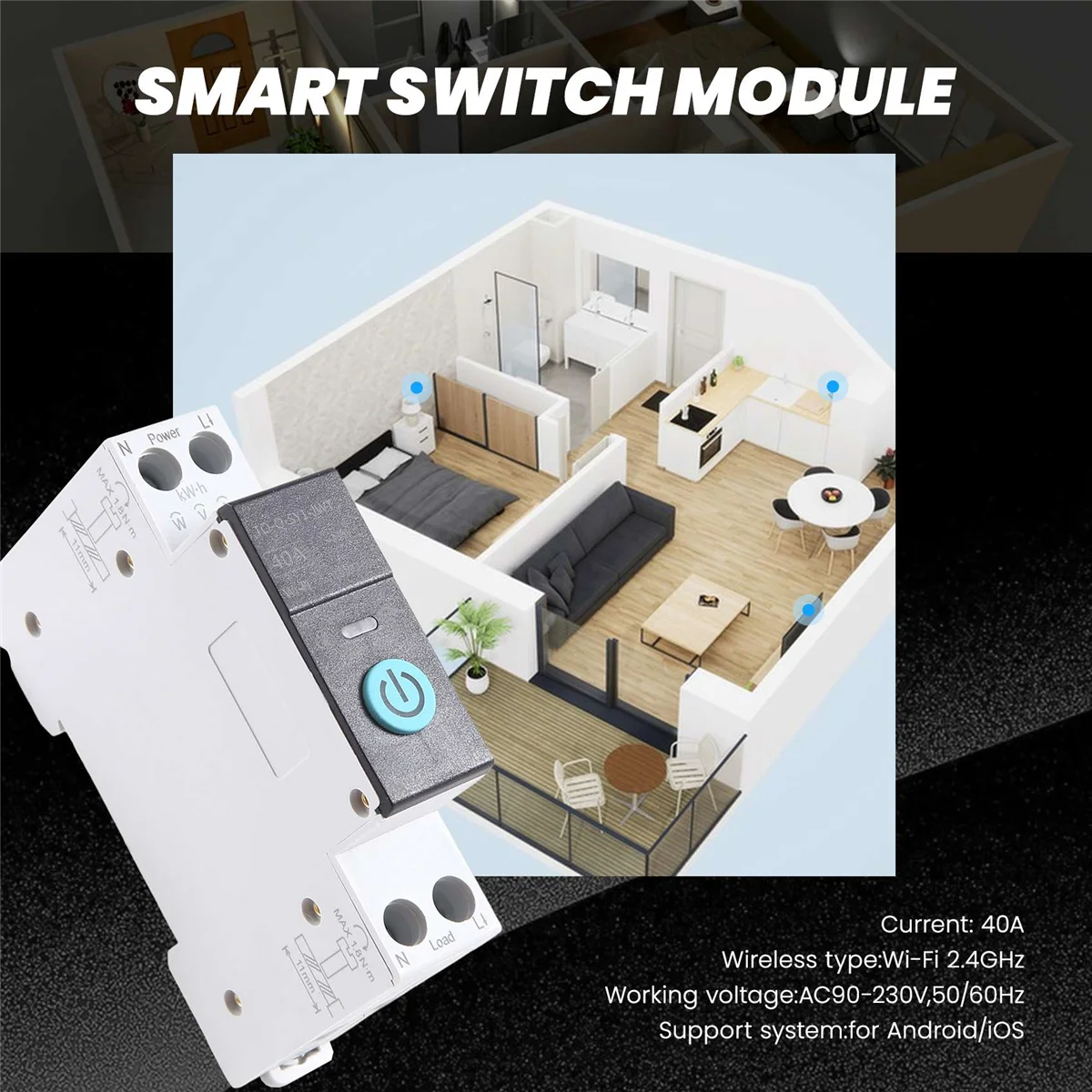 

ABNH 40A Tuya, однофазный Din-рейка, WIFI, умный счетчик энергии, таймер, монитор энергопотребления, кВтч, ваттметр, черный с измерением