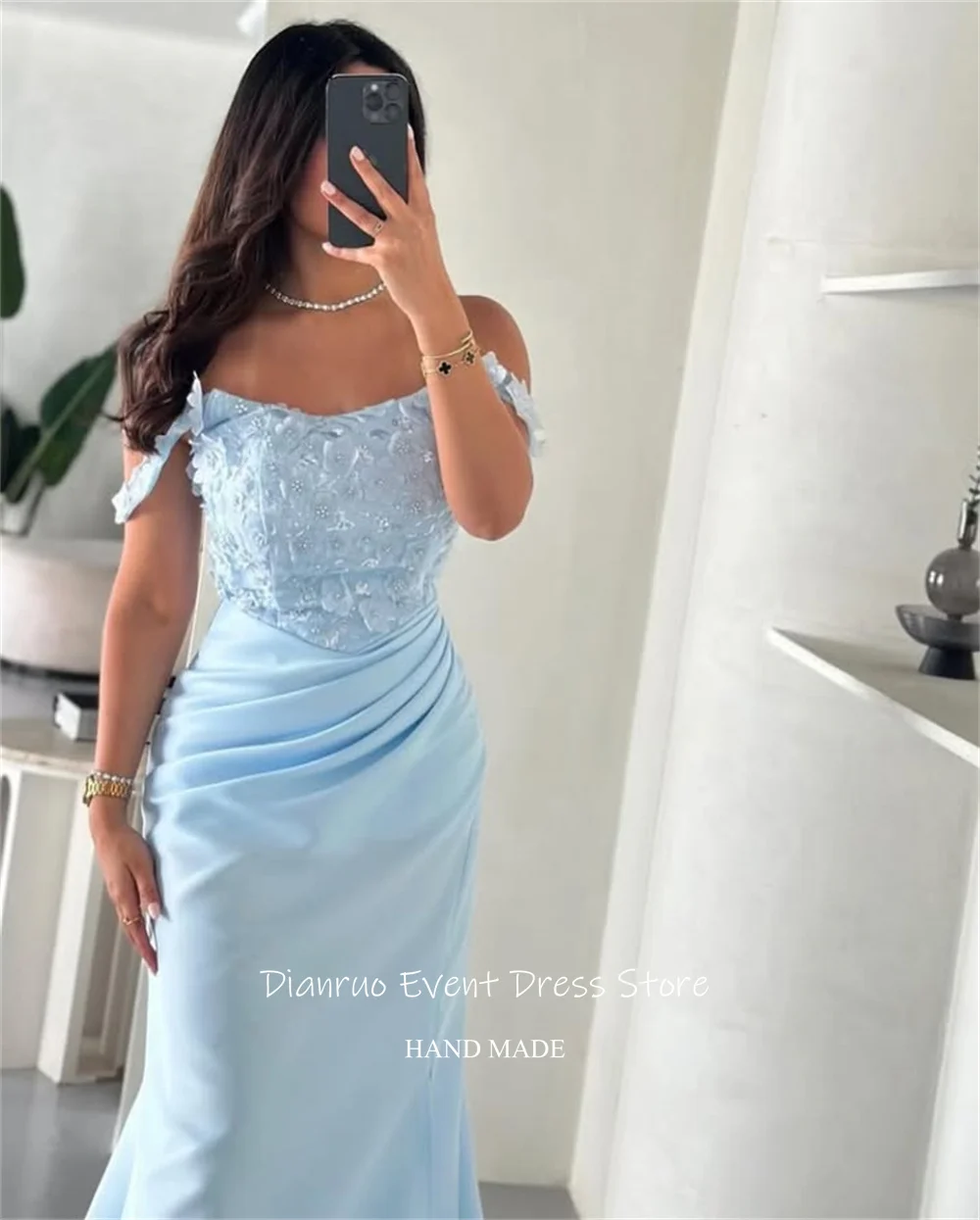 فستان سهرة Dianruo بدون أكتاف حورية البحر كريستال على شكل زهرة فساتين سهرة أنيقة من الساتان بطيات عربية عربية مخصصة