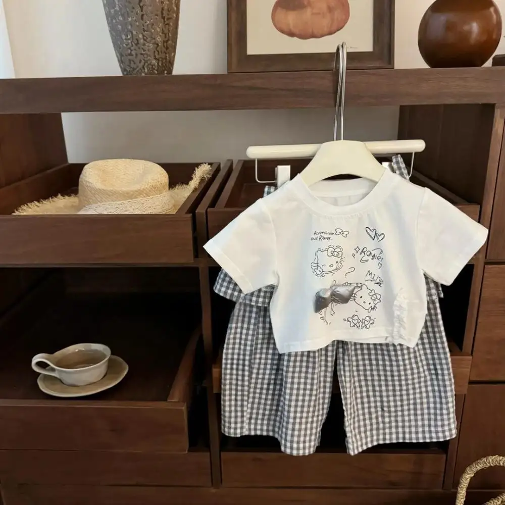 

Летний комплект Sanrio Hello Kitty, шорты с короткими рукавами с героями мультфильмов для девочек, милая футболка с решеткой, детские топы, брюки, детская одежда