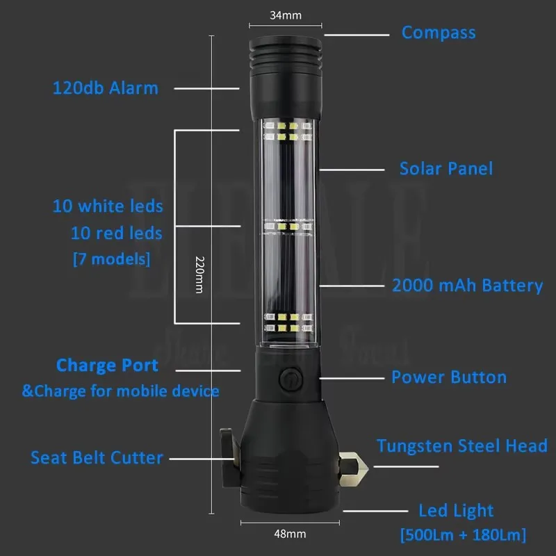 Dropshipping 10-In-1 Solar Power Multi-Function Tactical Flashlight Glass Breaker Camping Outdoor Car Home Emergency Torch