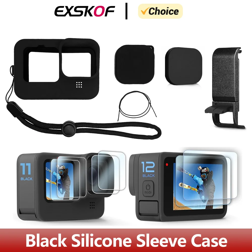 Black Silicone Sleeve Case Battery Side Cover Screen Protectors Lens Caps For GoPro Hero 12 11 10 9 Action Camera Accessories