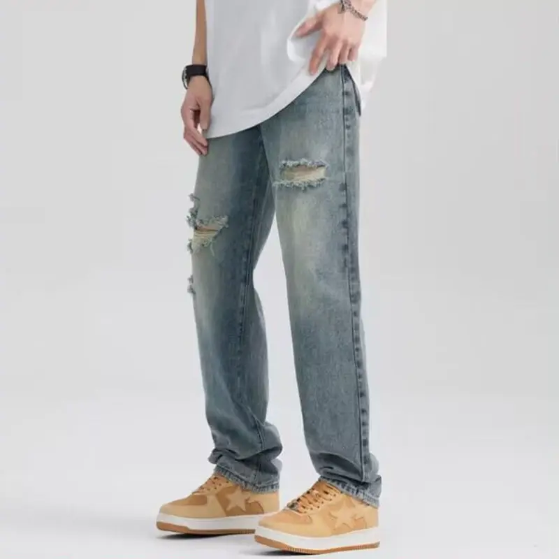 Ripped jeans men's straight tube summer loose straight pants American style washed high street men's light colored pants