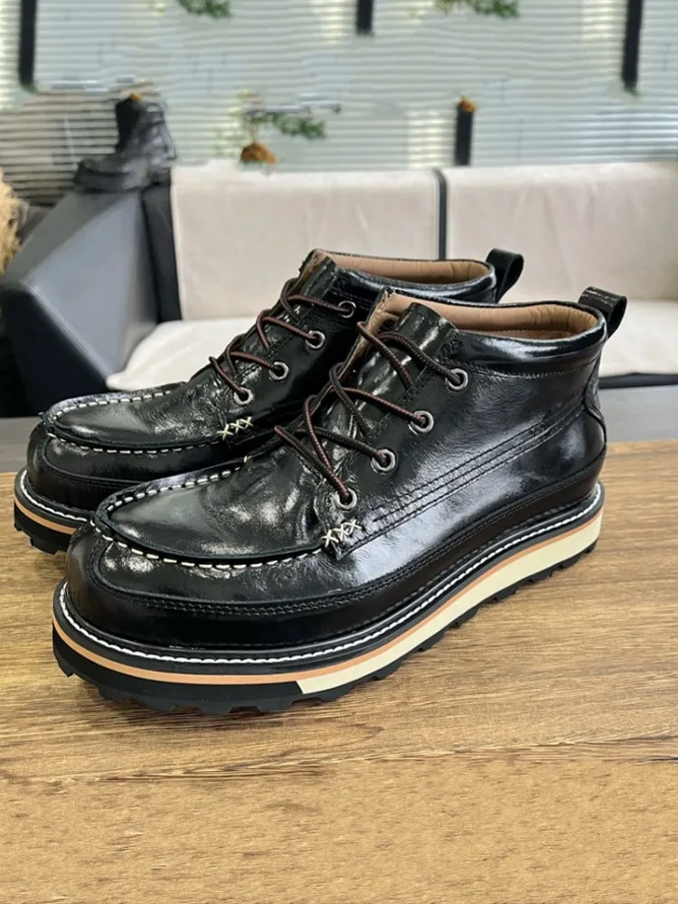 Mens Vintage British Style Ankle Boots Cowhide Genuine Leather Spliced Lace Up High Top Male Work Safety Shoes Motorcycle Riding