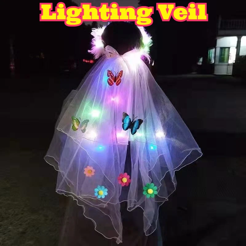 

LED Light Up Veil Crown Decor Glowing Fairy Veil Flashing Wreath Headwear Romantic Tulle Hair Accessory Wedding Party Festival
