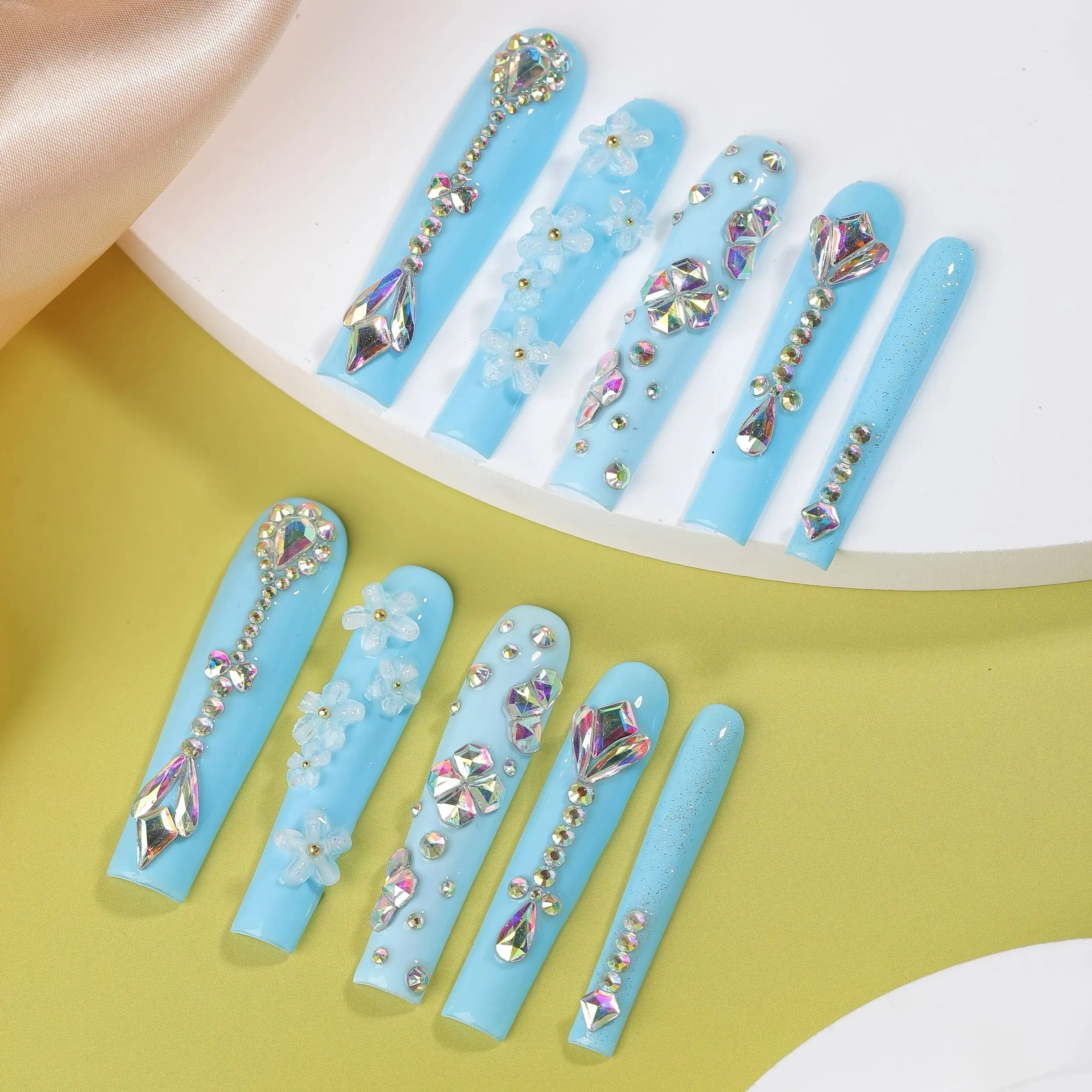 10Pcs Ballerina Long Coffin Nail Tips False Nails Wearable Fake Nails Rhinestone 3D Flower Blue Design Press on Nails