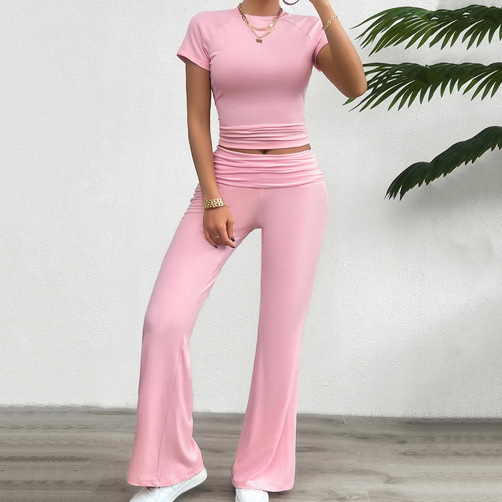 Zomer Nieuwe Broek Set Casual Ronde Hals, Slanke Tops Met Korte Mouwen In De Middellange Taille Bootcut Broek Pak Trend Dagelijkse All-Match Plooien Set