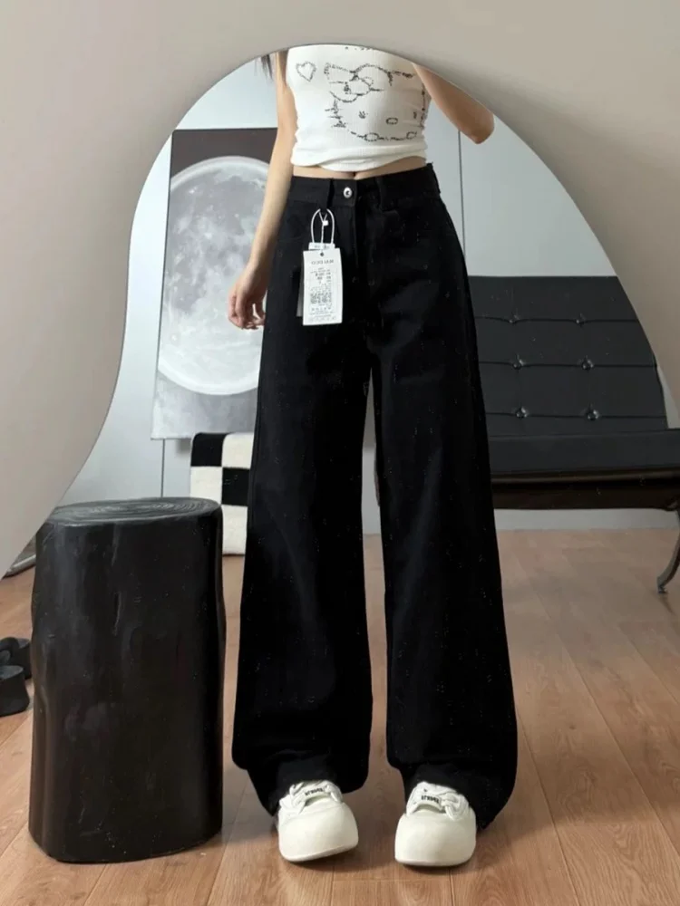 

Джинсы с высокой талией из черного денима, женские свободные брюки прямого кроя, осенние модные брюки больших размеров, утягивающие брюки для фигуры типа «груша»