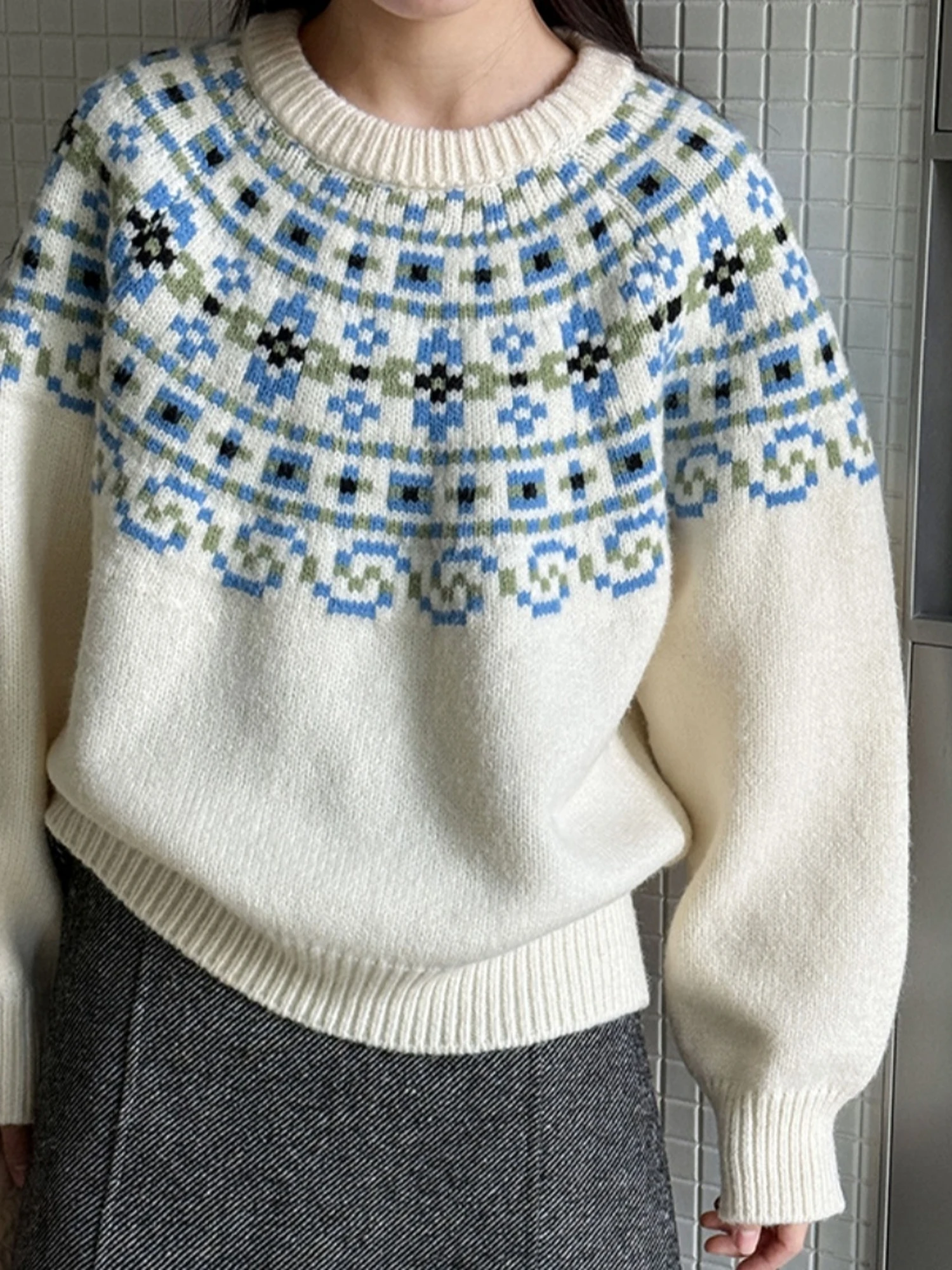 Laid-back Red Fair Isle Knitwear Women's Autumn Winter Casual Fashion New Year Long Sleeve Top Soft Knitted round Neck Sweater