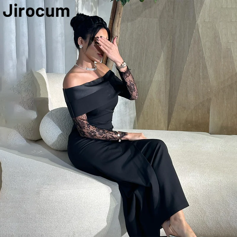 Jirocum customized Prom Dress Black Lace Long Sleeve Women Off Shoulder Party Evening Gown Ankle Length Formal Occasion Dresses