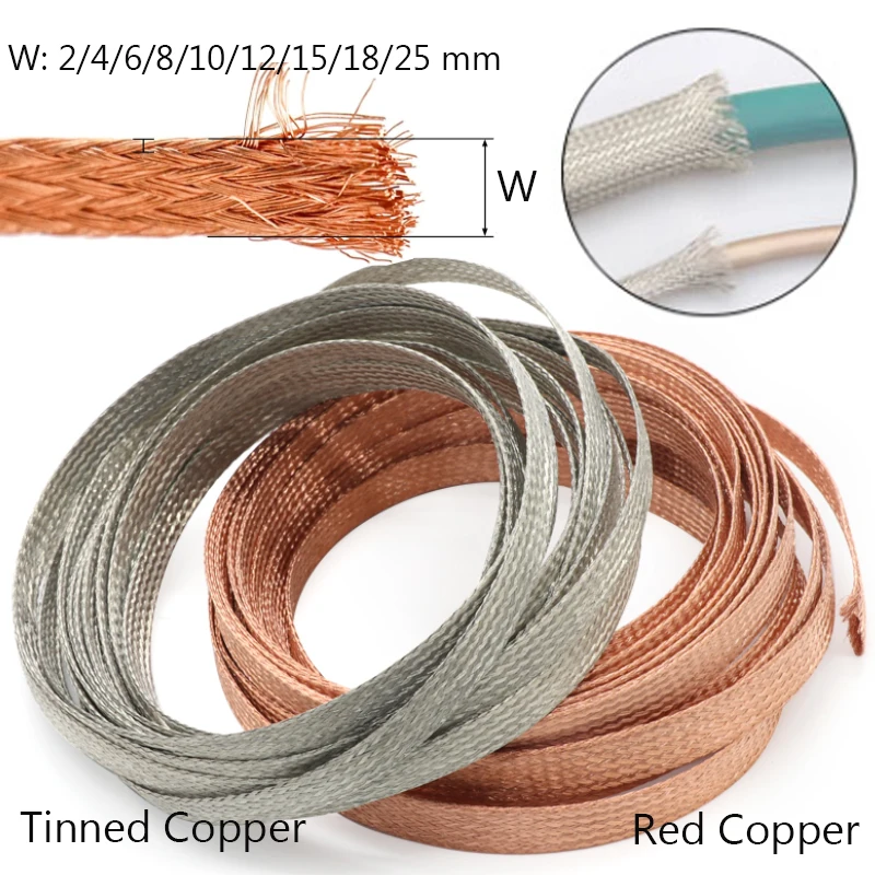 1/5/10M Copper Braided Sleeve Tinned Plating 4 6 8 10 15 18 25 mm Expandable Metal Sheath Screening Signal Wire Cable Shielded