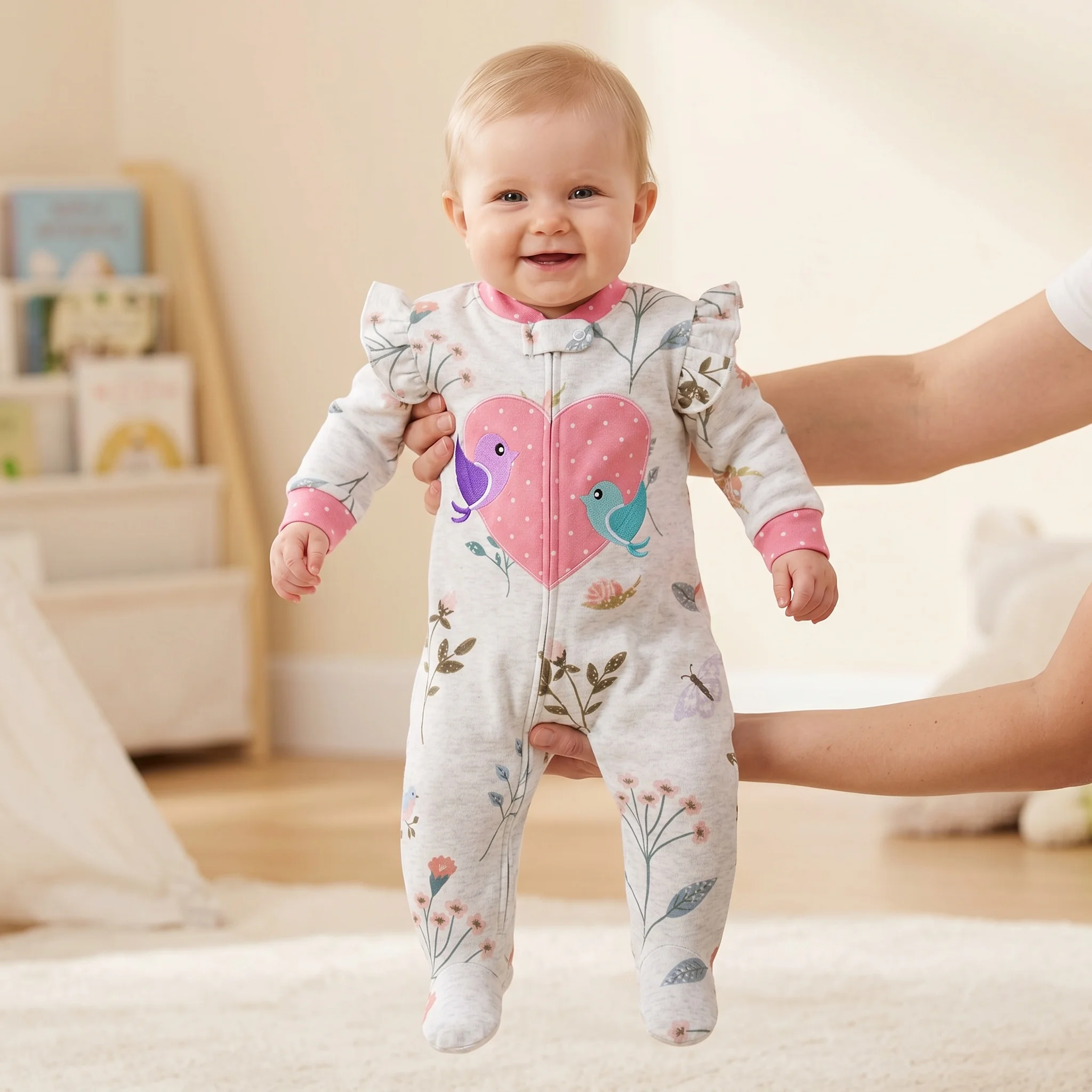 Grey Cotton Baby Footed Romper with Ruffle Sleeve All-over Print&Heart Embroidery Zipper Onesie for Newborn Girls All Season